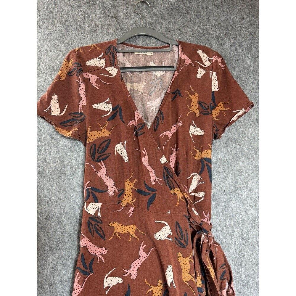 Marine Layer Dress Womens Small Brown Cheetah Print Wrap V Neck Short Sleeve - Picture 2 of 12